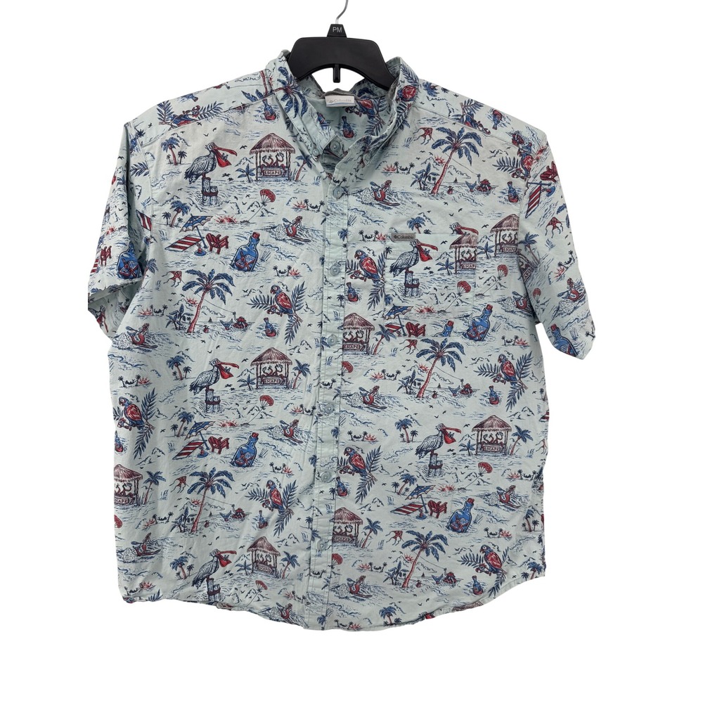 Columbia Shirt Mens XXL Tropical Parrot Pelican Light Blue Print Button Down